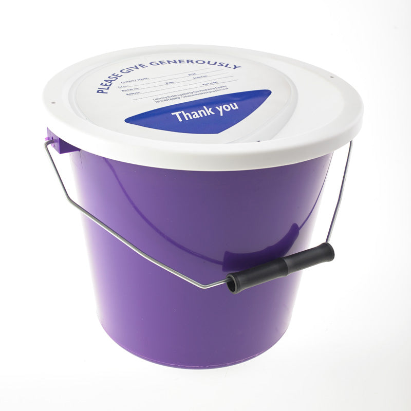 purple charity collection bucket